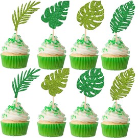 24 piezas de decoraciones tropicales para magdalenas, con purpurina verde, hawaii, luau, palillos para magdalenas, hojas de plantas, verano, temática tropical, fiesta de cumpleaños, suministros de decoración para tartas