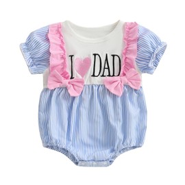 LouVasabuce Newborn Baby Girl Summer Bodysuit Heart Letter Embroidery Short Sleeve Bow Stripe Romper Cute Infant Jumpsuit (Blue, 12-18 Months)