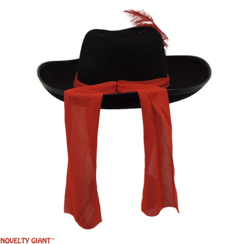 Black Three 3 Musketeers Hat with Red Sash and Feather