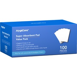 HygiCare 100 Count Super Absorbent Commode Pads for Bedside Commode Chairs, Bed Pans, and Portable Toilets, Fits Commode Liners and Bedpan Liners, for Adults, Seniors, Medical Care, and Camping