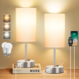 ZJOJO Table Lamp for Bedroom Set of 2, Bedside Small Lamps with 3 Way Dimmable Rocker Switch and AC Outlet, Nightstand Desk Lamp with White Fabric Shade Nickel Base for Living Room Home Decor Lights