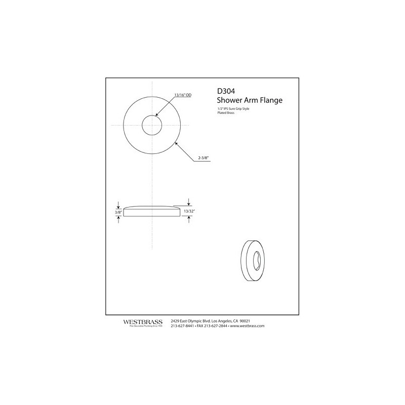 Westbrass R304-62 13/16" OD Opening Low Pattern Shower Arm Flange-Sure