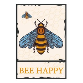 CREATCABIN Bee Happy Metal Tin Signs Retro Vintage Funny Wall Art Mural Hanging Iron Painting for Home Garden Bar Pub Kitchen Living Room Office Plaque 8x12inch