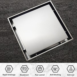 Micmi 4 Inch Shower Floor Drain with Adjustable Quadrato Pattern Grate, 304 Stainless Steel, PVC Shower Drain Base, Rubber Gasket, Hair Strainer (1 Pack, Brushed Nickel, 4 in Tiled with Flange)