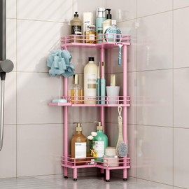 HapiRm Corner Shower Caddy Standing - 3 Tier Shower Organizer Corner with Soap Holder, Rustproof Shower Shelves with 4 Hooks for Bathroom, Pink