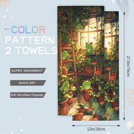 amepay Cute Frog and Plant Hand Towels - 2 Pack, 14.5" X 28",Soft Microfiber Polyester Towel Set with Green Frogs Pattern,for Nature-Themed Modern Bathroom Kitchen Spa Hotel Decor Gifts Women Girls