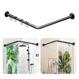 L Shaped Shower Curtain Rod - [39''-52.5''] x [71''-85''] Adjustable Corner Shower Curtain Rod, 90 Degree Black Shower Rod for Bathroom Bathtub, Clothing Store with 12 Ring Hooks & Ceiling Support