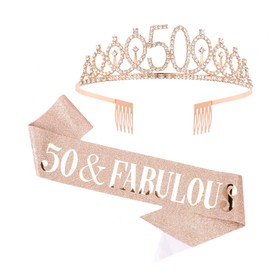 50th Birthday Sash and Birthday Crown, Birthday Sash Rhinestone Tiara Set for Women, 50 & Fabulous Sash for 50th Birthday