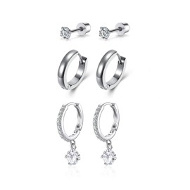 AllerPierce 3 Pairs Silver Stud Earrings for Women Hypoallergenic Hoop Earrings Set Stainless Steel Cubic Zirconia Small Multiple Piercing Cartilage Stud Earrings for Women Girls