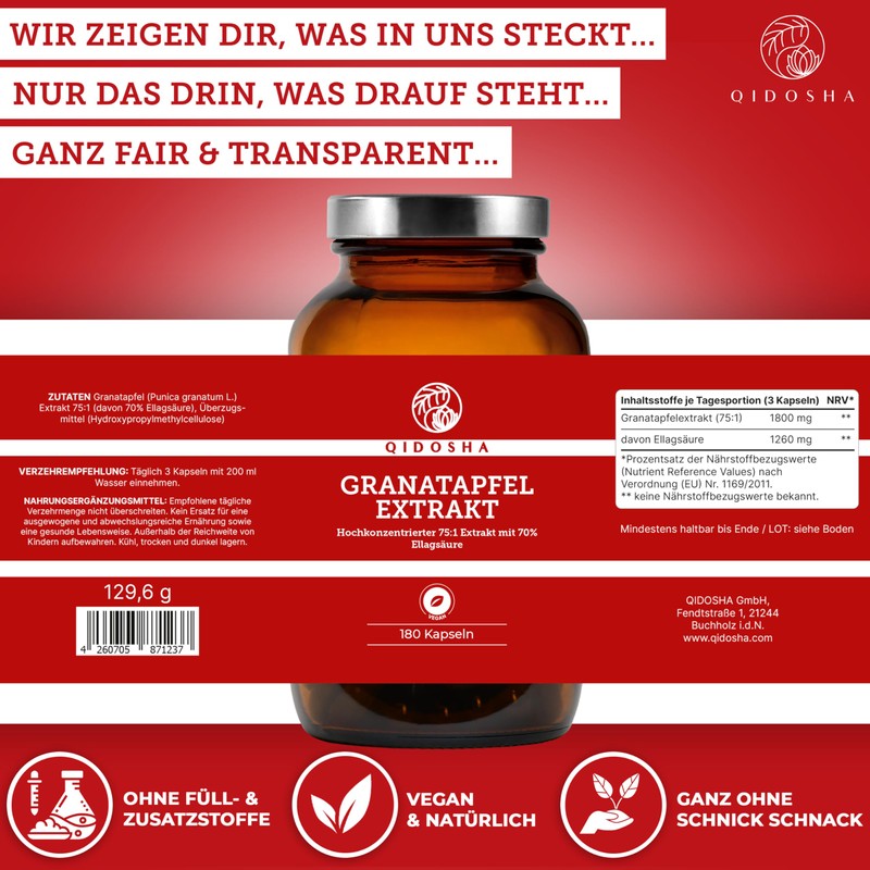 QIDOSHA Pomegranate Extract Capsules High Dosage, 70% Ellagic Acid, 180