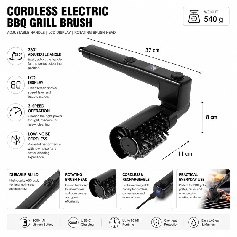 360° Electric BBQ Grill Brush for Outdoor Cleaning – Wireless