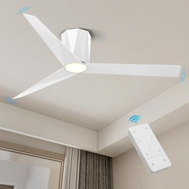 Roomratv 52 Inch Ceiling Fans with Dimmable Led Lights, Flush Mount Ceiling Fan with Remote Control, Quiet DC Reversible Motor for Summer Winter, Noiseless, Modern White ABS Blades for Bedroom, Indoor