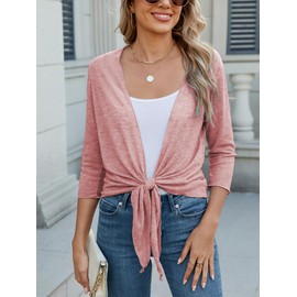 Famulily Sheer Shrug Cardigans for Women, Women's 3/4 Sleeve Tie Front Summer Lightweight Covers Ups, pink, S