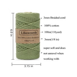 Likeecords 4 Skeins of Braided Macrame Cotton Cord 3mm x 100m,Macrame Rope, 100% Cotton Rope Macrame String,Colorful Cotton Craft Cord for Bag,Wall Hanging, Plant Hangers, Crafts, Knitting（Pea Green）