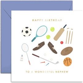 Old English Co. Happy Birthday Card for Wonderful Nephew - Sports Birthday Greeting Card from Aunt Uncle - Rugby Football Cricket Golf Birthday Card for Him | Blank Inside with Envelope