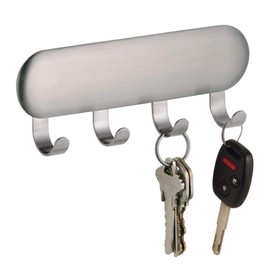 iDesign Forma Self-Adhesive Key Rack Organizer for Entryway, Kitchen - 4 Hooks, Stainless Steel