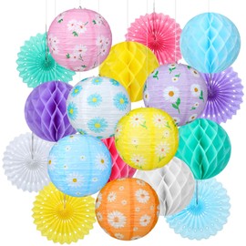 Baquler 18 Pcs Daisy Party Decorations Kit Spring Hanging Paper Lanterns Pastel Hanging Decoration Paper Fans Wild Flower Hanging Honeycomb Ball for Daisy Party Supplies Wedding Bridal Shower Decor