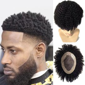 Ehairc Toupee for Men Mono Lace with PU Around Curly Human Hair System Mens Wig Male Hair Replacement Mens Toupee (10mm 1B（Natural Black）,6 * 8")