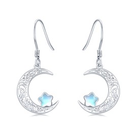Celtic Moon Star Earrings for Women, 925 Sterling Silver Crescent Moon Dangle Drop Earrings with Moonstone Star Moon Earrings Jewellery Gift for Mom Daughter