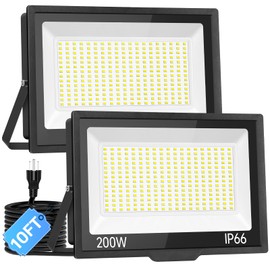 200W LED Flood Light Outdoor with Plug+10ft Wire, 24000Lm Super Brighter Security Light, IP66 Waterproof LED Worklight, 5000K Daylight White Exterior Floodlight for Yard Garden Garage Stadium(2 Pack)