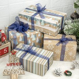 RUSPEPA Christmas Wrapping Paper, Kraft Paper - Reindeer, Stripe and Snowflakes in Blue Design - 4 Rolls - 30 inches x 10 feet per Roll