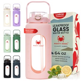 MIGHTY VESSEL 64 oz Glass Water Bottle – Pink | Half Gallon Borosilicate Bottle with Straw, Silicone Sleeve, Time Marker – Cute Leakproof Water Jug for Women, Gym, Travel