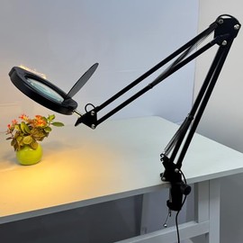 15X Magnifying Glass Desk Lamp with Clamp, Real Glass Lens with Dust Cover, 84 LEDs, 5 Color Modes, 10 Brightness Dimmable, Long Flexible Swing Arm Magnifier for Reading, Crafting, Repair, Close Works