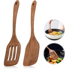 Set of 2 Wooden Spatulas (30 cm), Spatula, Wooden Spatula, Wooden Scraper, Kitchen Utensil Wood, Spatula Set, with Long Handle and Slotted Turner, Kitchen Spatula Set, Protection Against Scratches for