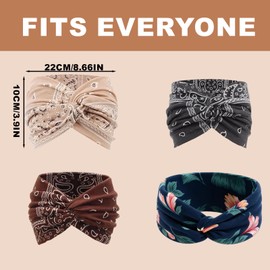 4 Haarband Damen, Boho Kleidung, Bandana Damen für Yoga und Sommer, 22cm × 10cm in 4 Farben (Braun, Beige，Grau, Blaugrün)