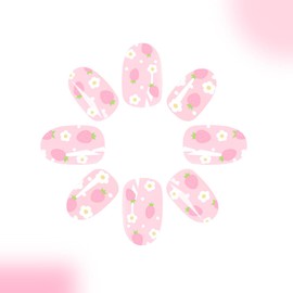 Short Press on Nails Oval Fake Nails Spring Nails Press ons Glossy Glue on Nails Cute Acrylic Nails Pink False Nails with Strawberry Flower Designs Artificial Stick on Nails for Women 24Pcs