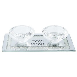 Low Crystal Candleholder Set Accented with Silver Stones for Shabbat