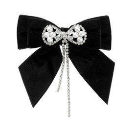 Elerevyo Women's Velvet Bow Tie Faux Pearl Rhinestone Bow Brooch for Elegant Decor One Size Black