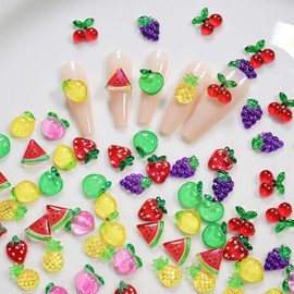 100pcs 3D Resin Fruit Nail Art Rhinestones Cute Nail Charms Colorful Summer Fruit Nails Diamond Crystal Acrylic Nail Decorations for Women Summer Manicure Art Supplies Accessories
