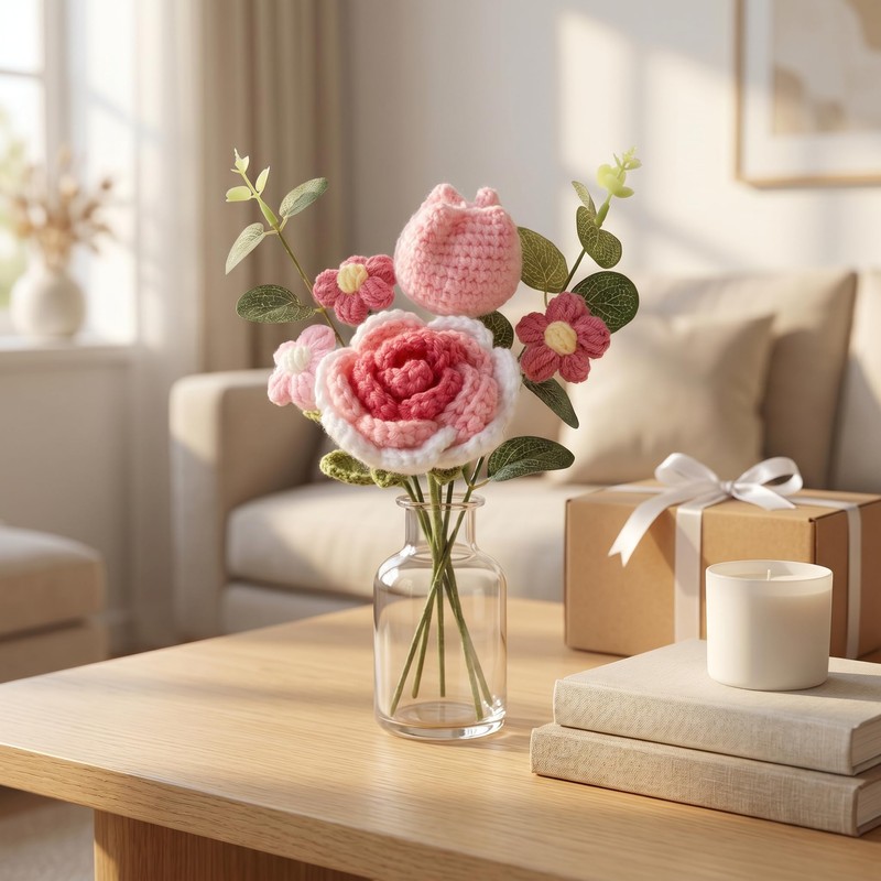 Pink Crochet Flower Bouquet with Card