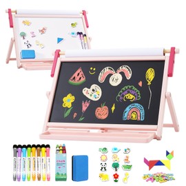 FUNLIO Anti-Warping Tabletop Easel for Kids Ages 3+ (100+ Pcs), Kids Easel with Whiteboard, Chalkboard & Paper Roll, Wooden Double-Sided Magnetic Table Easel with 3 Adjustable Angles, Foldable - Pink