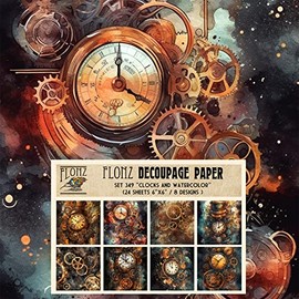 Decoupage Paper Pack (24 Sheets 6"x6") Clocks and Watercolor # Vintage Styled Pattern Paper for Decoupage, Craft and Scrapbooking