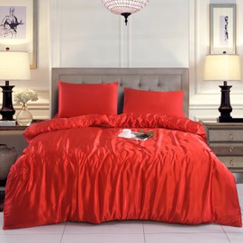 ROOEE Silk Satin Duvet Cover with Pillowcases Bedding Set for Single Double King Size Bed Easy Care Luxury Ultra Soft Quilt Cover (RED, King)