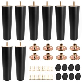 TCHOSUZ 6 inch / 15cm Wooden Furniture Legs, Set of 8 Solid Wood Tapered Sofa Legs Couch Feets with Hanger Bolt, Mid-Century Modern Replacement Feet for DIY Cabinet Cupboard Chair Ottoman Black