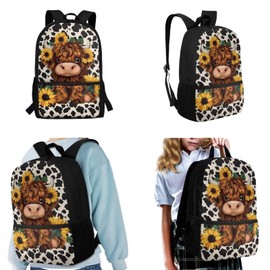 WELLFLYHOM Highland Cow Kids Book Bags for Girls Ages 6-8 Sunflower School Bookbag and Lunchbox Pencil Case Water Bottle Sleeve 4 Pcs Kids Backpack Set Gift for Back to School Season
