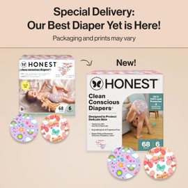 The Honest Company Clean Conscious Diapers for Delicate Skin | Up to 100% Leakproof | Hypoallergenic, Fragrance Free | Girl Prints | Super Club Box, Size 6 (35+ lbs), 68 Count (Prints May Vary)