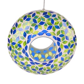 DUSVALLY 9" H Fly Through Bird Feeder Squirrel Proof for Garden Wild Bird Seed, Colored Glass Mosaic Outdoor Hanging Bird Feeder for Bird Lovers, Blue & Green
