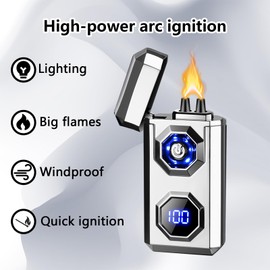 TIKIUKI Electric Lighter,Type-C Arc Lighters Rechargeable,Windproof Lighter,Plasma Lighters Rechargeable with LED Battery Display and LED Lighting, Suitable for Camping,Scented Candles(Silver)