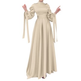 OBEEII Muslim Dress for Women Loose Full Cover Long Abaya Satin Dress Kaftan Abayas Islamic Robe Beige Large