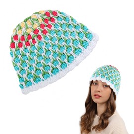 OSOPLAY Handmade Kintted Fishing Hat for Women Flower Bucket Hat Collapsible Cap (Blue Flower)
