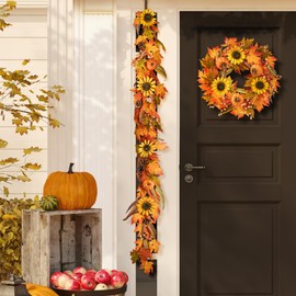 Glitzhome 6FT Fall Maple Leaf and Sunflower Garland - Handcrafted Autumn Hanging Vine Garland with Pumpkins, Pine Cones, and Rattan Frame for Harvest Thanksgiving Autumnal Decor Display
