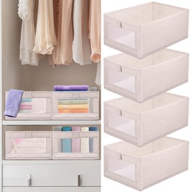 LGHWKETH 4Pcs Closet Storage Bins 15.7×10.6×6.7 Inch Clothing Bin with Clear Window Foldable Closet Organization Cotton Linen Wardrobe Storage Box