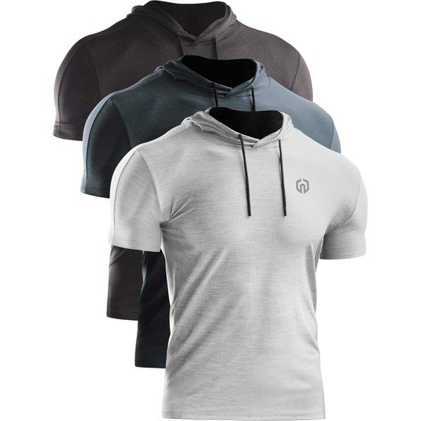 NELEUS Men's 3 Pack Dry Fit Running Shirt Workout Athletic Shirt with Hoods,Grey Black,Slate Gray,Light Grey,US L,EU XL