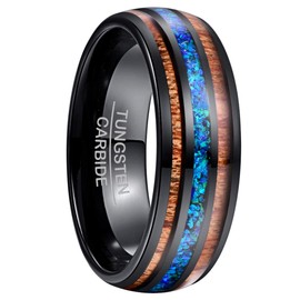 Nuncad Unisex Tungsten Ring with Opal and Koa Wood Mosaic Effect, Black, 8 mm, Tungsten Ring for Wedding, Engagement, Lifestyle and Fashion, Size 54 to 67 (14-27), Tungsten, Black+blue