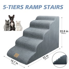 Mestuel Dogs Stairs for High Bed, 23in Foam Dog Stairs Steps for Large Dogs, Large Pet Stairs, 5 Steps Dog Ramp to High Couch Sofa Bed Indoor with Gentle Slope& Nonslip Bottom, Lint Roller Set, Gray