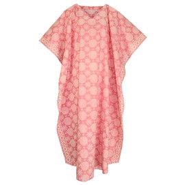 Beautybatik Pink Women Hand Blocked Batik Cotton Caftan Kaftan Loungewear Maxi Plus Size Long Dress XL